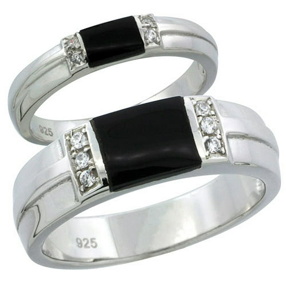 Sterling Silver Cubic Zirconia Wedding Band Ring 2-Piece Set 6.5 mm Him & Hers 3.5 mm Black Onyx, Ladies' Size 8