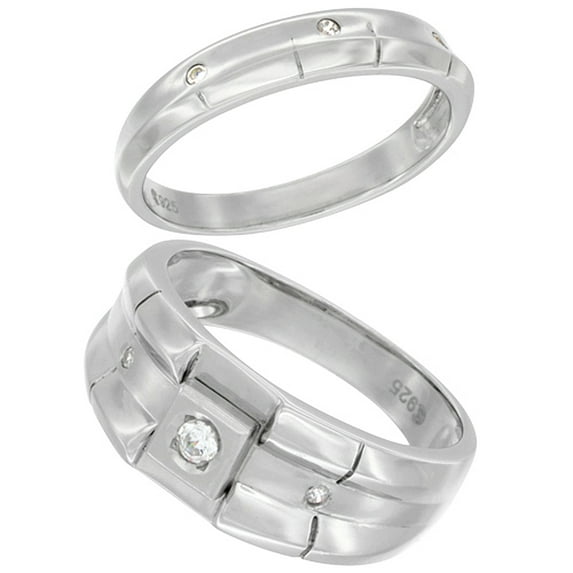 Sterling Silver Cubic Zirconia Wedding Band Ring 2-Piece Set 9 mm Him & Hers 4 mm Ribbed Design, Ladies' size 8