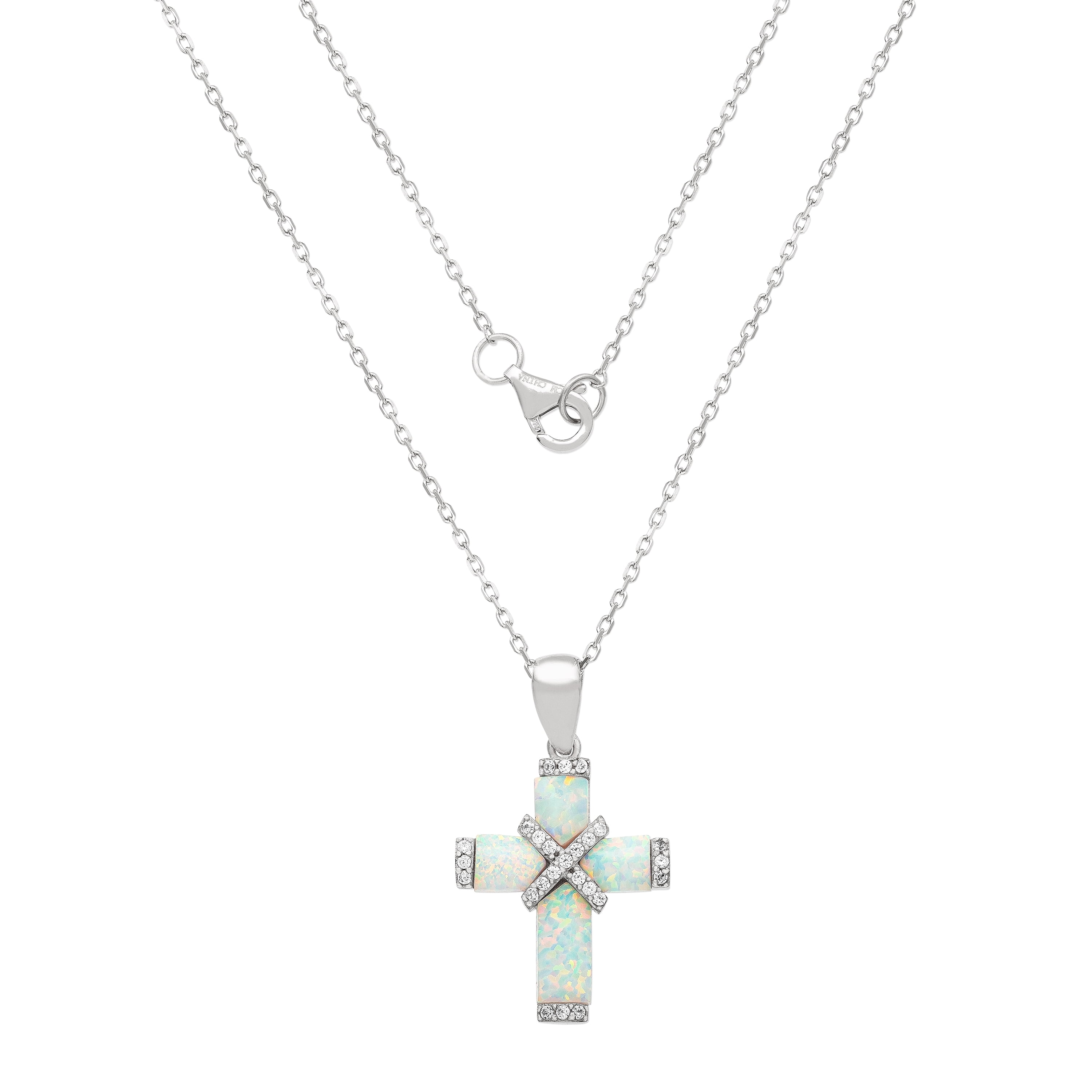 Sterling Silver Created Opal and CZ Cross with Heart Necklace Sterling Silver Created Opal and CZ Cross with Heart Necklace