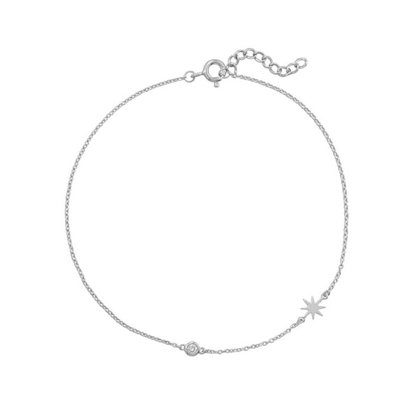 Sterling Silver Cubic Zirconia and Sunburst Charm Anklet