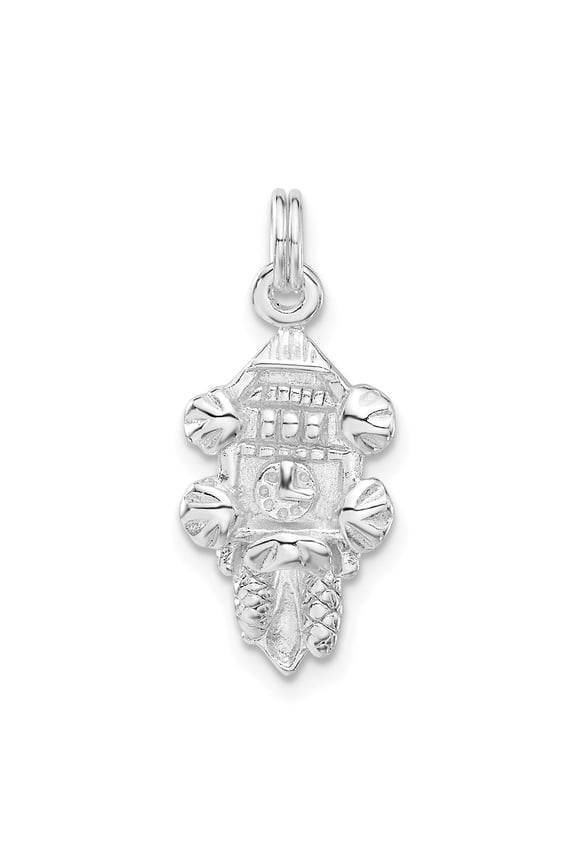 925 Sterling Silver Cuckoo Clock Pendant Charm, Polished Leaf and Pinecone Design