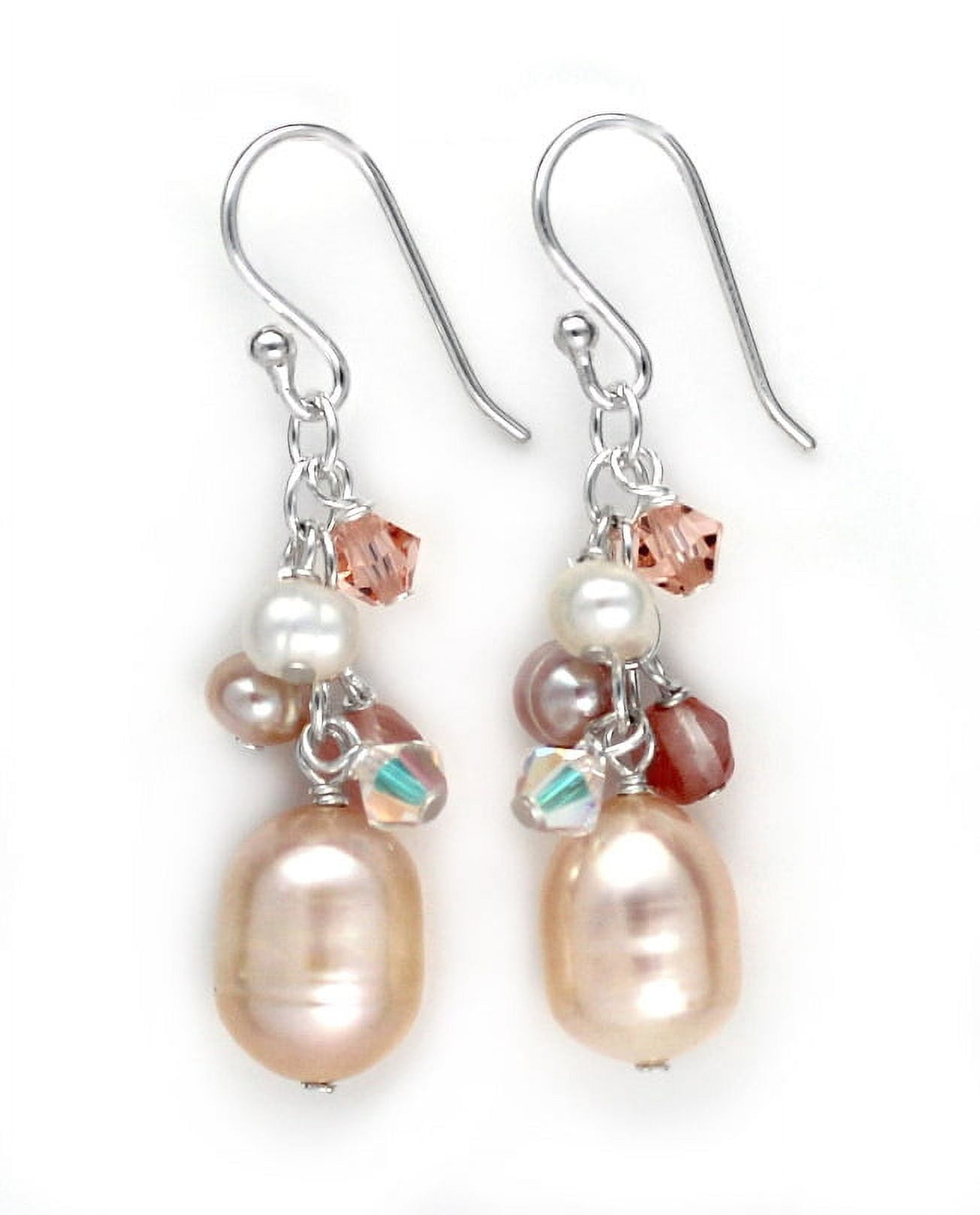 Sterling Silver Cultured Peach Pearl and Crystal Drop Earrings Sterling Silver Cultured Peach Pearl and Crystal Drop Earrings