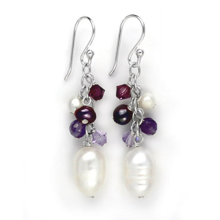 Sterling Silver Cultured Peach Pearl and Crystal Drop Earrings Sterling Silver Cultured Peach Pearl and Crystal Drop Earrings