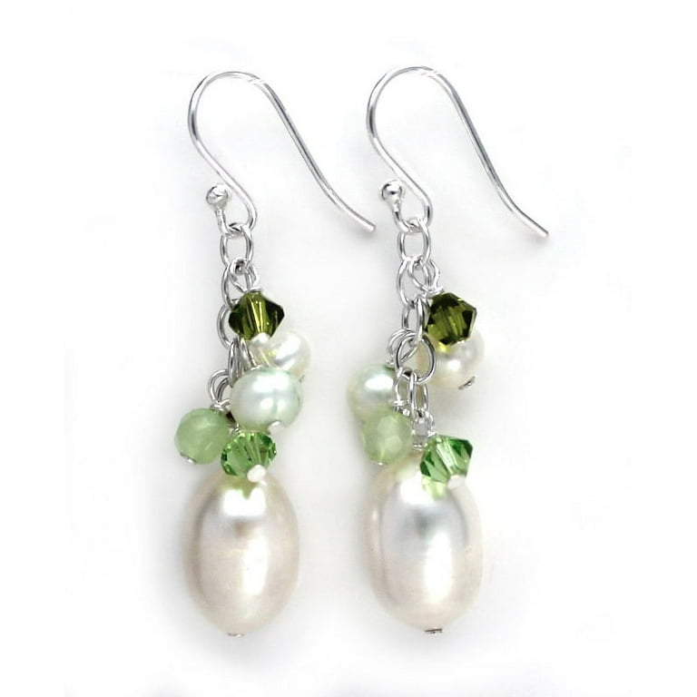 Sterling Silver Cultured Peach Pearl and Crystal Drop Earrings Sterling Silver Cultured Peach Pearl and Crystal Drop Earrings