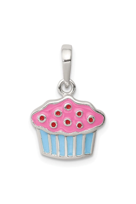 Sterling Silver Cupcake Pendant with Pink Enamel Frosting and Red Sprinkles, Blue Wrapper Dessert Charm for Women, Whimsical Necklace or Bracelet Jewelry for Celebrations