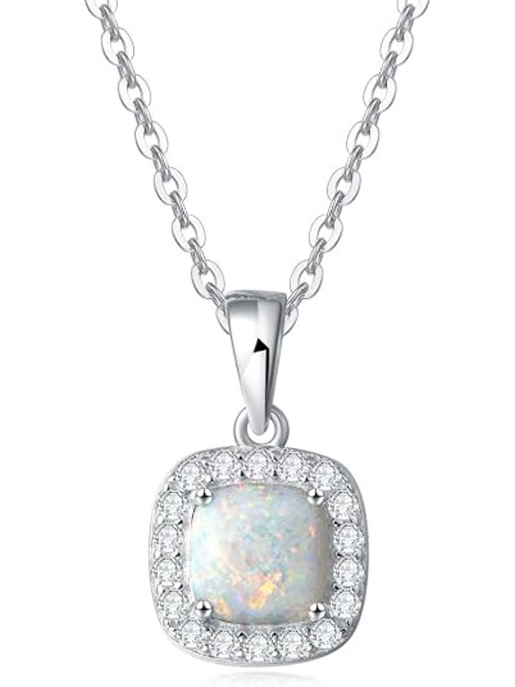 Sterling Silver Cushion Cut Lab Created Opal Halo Pendant Necklace for Women, CZ Accents-BeadBeauty