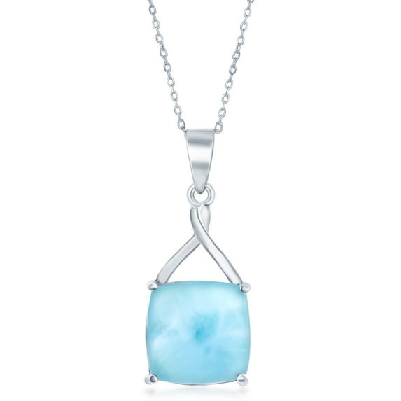 Sterling Silver Cushion-Cut Natural Larimar Gemstone Pendant 18" Necklace - Jewelry for Women or Teens