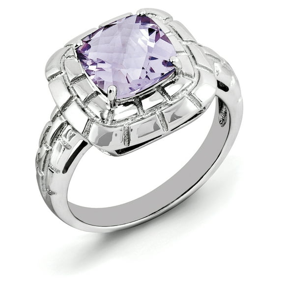 Sterling Silver Rhodium Checker-Cut Pink Quartz Ring QR3171PQ
