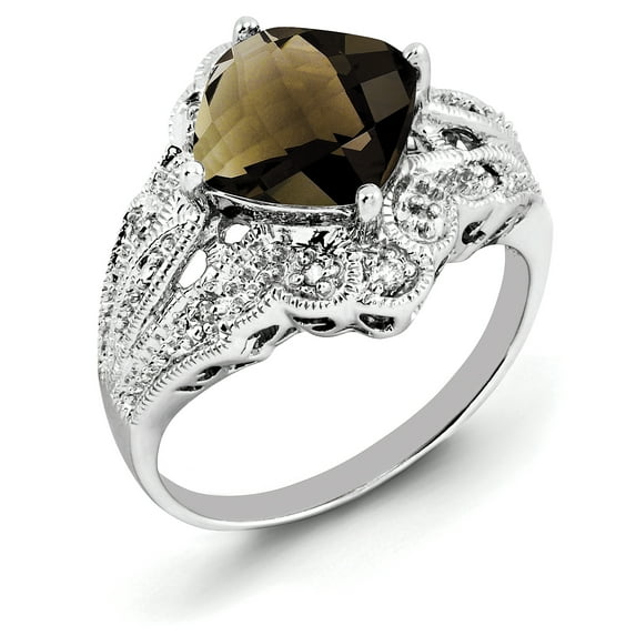 Sterling Silver Rhodium Checker-Cut Smoky Quartz & Diam. Ring QR3203SQ