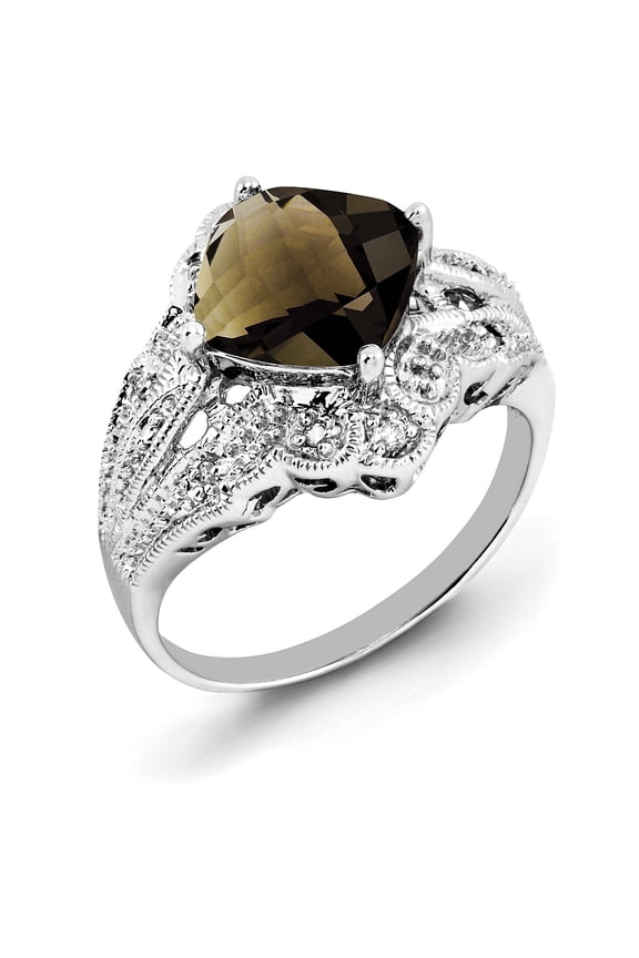 Sterling Silver Rhodium Checker-Cut Smoky Quartz & Diam. Ring QR3203SQ
