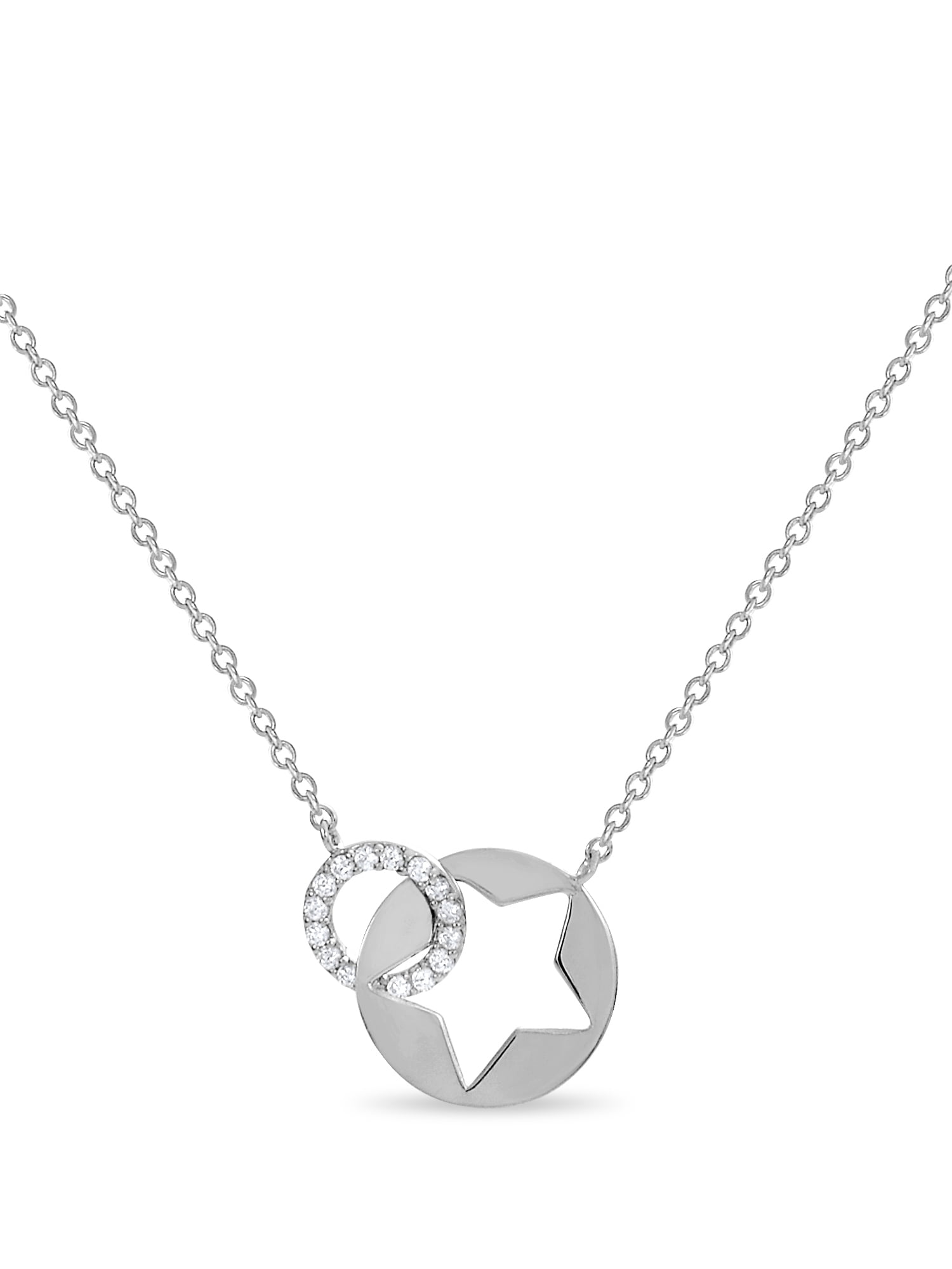Sterling Silver Cut Out Star Cubic Zirconia Circle Necklace 18 Inches
