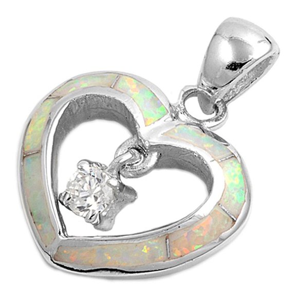 Sterling Silver Cutout Romantic Heart Pendant White Simulated Opal Charm Jewelry Female Unisex