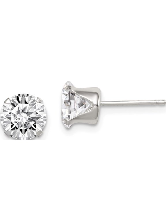 Sterling Silver Polished Round 7mm CZ Snap Set Stud Earrings