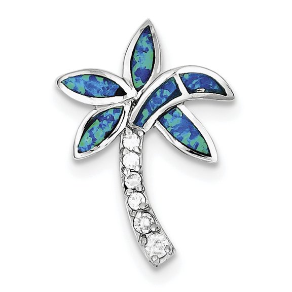 Sterling Silver Cz Blue Inlay Created Opal Palm Tree Pendant Made In China qc7697