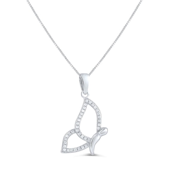 SilverCloseOut Sterling Silver CZ Flying Butterfly Charm Necklace