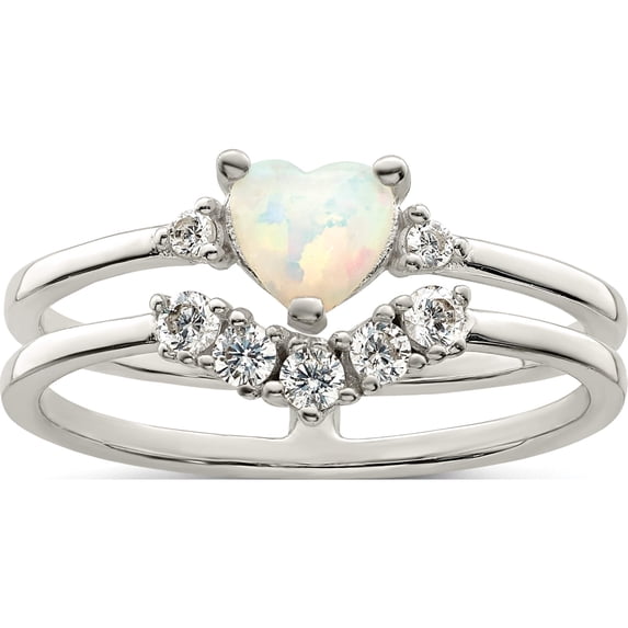 Sterling Silver Cz & Heart Created White Opal Double Band Ring (Size 6) Made In Thailand qr7331-6