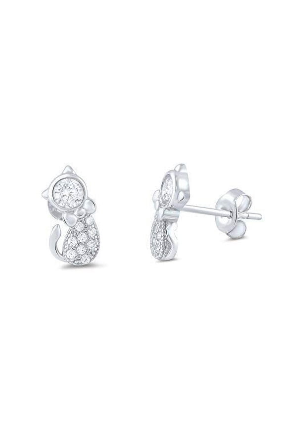 Sterling Silver Cz Kitty Cat Stud Earrings - 11mm