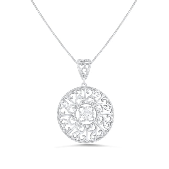 SilverCloseOut Round Filigree CZ Necklace 925 Sterling, Sterling Silver, Box