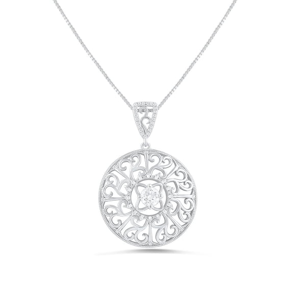 SilverCloseOut Sterling Silver CZ Round Filigree Charm Necklace