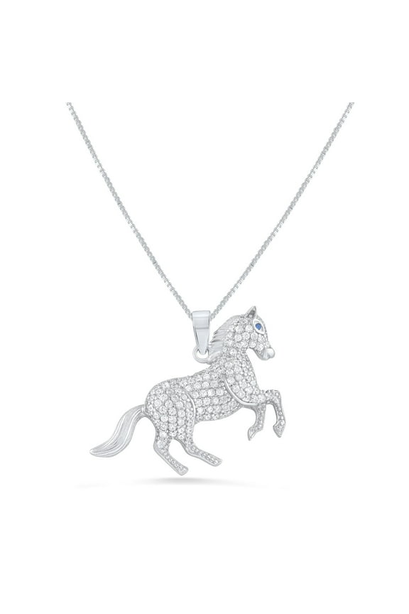 Sterling Silver Cz Running Stallion Horse Necklace for Adult Women and Teens 18"