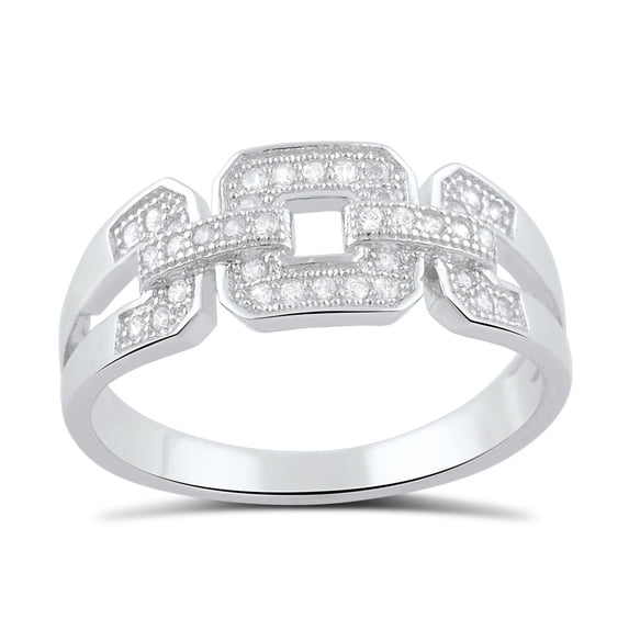 Womens Cz Square Chain Link Ring, Rhodium Plated Sterling Silver & Cz - Size 4