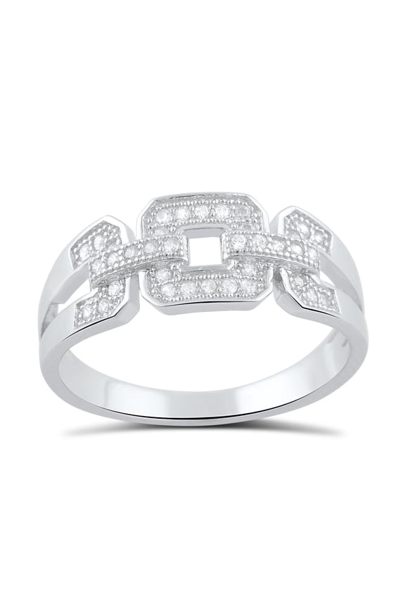 Womens Cz Square Chain Link Ring, Rhodium Plated Sterling Silver & Cz - Size 4