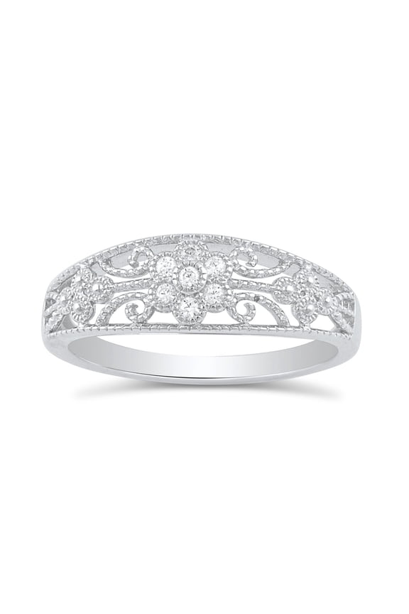Sterling Silver Cz Thin Filigree Victorian Flower Ring for Women and Teens - Size 4