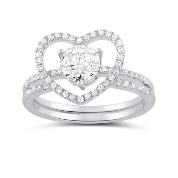 Sterling Silver Cz Two Piece Heart & Solitaire Ring for Women and Teens - Size 5
