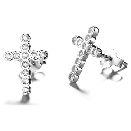 Sterling Silver Dainty Cross Earrings With Crystals