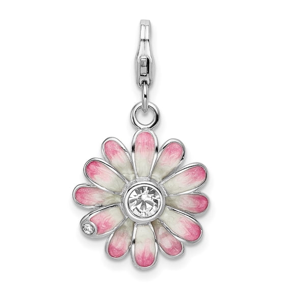 Sterling Silver Daisy Charm Pendant with Pink and White Enamel, Cubic Zirconia Center, Floral Jewelry for Women, Spring Nature Style for Necklace or Bracelet