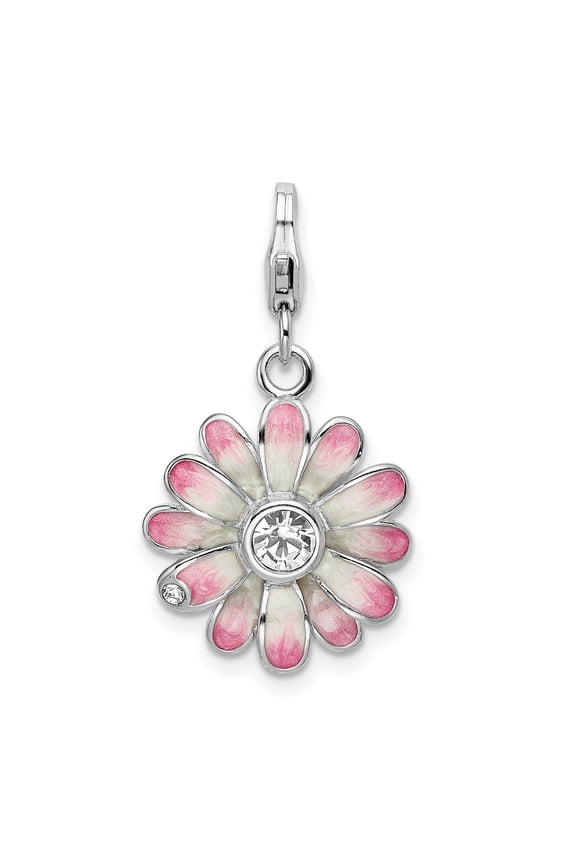 Sterling Silver Daisy Charm Pendant with Pink and White Enamel, Cubic Zirconia Center, Floral Jewelry for Women, Spring Nature Style for Necklace or Bracelet