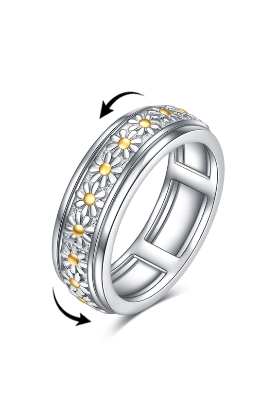Sterling Silver Daisy Flower Anxiety Spinner Rings Rotatable Mood Rings for Women Relieve Stress Gift(7 Size)