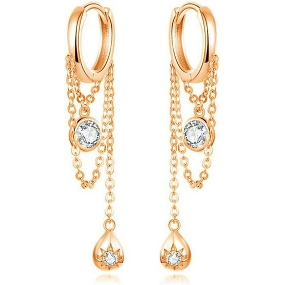 Sterling Silver Dangle Diamond Small Hoop Earrings for Women CZ Elegant Threader Tassel Drop Long Chain Cuff Earrings Sensitive Ears Hypoallergenic