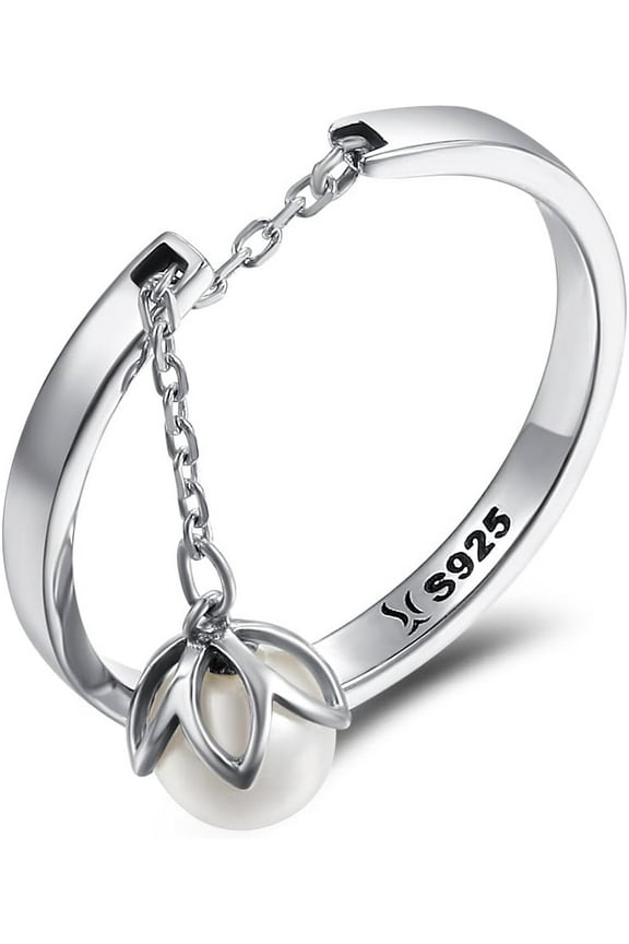 Sterling Silver Dangle Freshwater Cultured Pearl Flower Open Statement Ring Adjustable Tassel Band Dangling Charm Ball Engagement Promise Ring Stacking Ring Cute Jewelry for Women