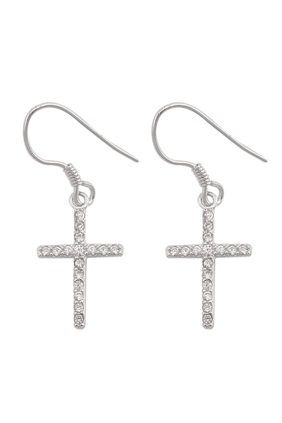 Sterling Silver Dangling Cross Studded Cluster Elegant Earrings Clear Cubic Zirconia Jewelry Female