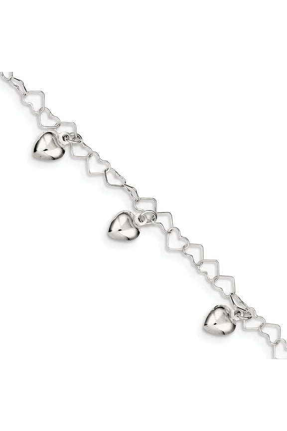 Sterling Silver Dangling Heart Bracelet - 3.0 Grams - 6 Inch - Lobster Claw - Measures 7mm Wide