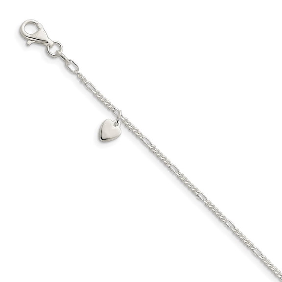 Sterling Silver Dangling Hearts on Figaro Anklet - 10 Inch - Lobster Claw - Measures 6mm Wide