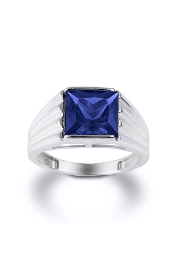 Sterling Silver Dark Blue Birthstone Ribbed Band Signet Ring in Size 5