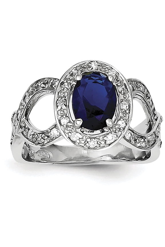 925 Sterling Silver Polished Dark Blue Glass and CZ Cubic Zirconia Simulated Diamond Ring Size 6 - Jewelry Gift for Mom