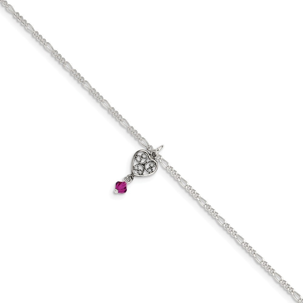 Sterling Silver Dark Pink Crystals Dangling Hearts Anklet -10 Inch - Spring Ring - Measures 2mm Wide