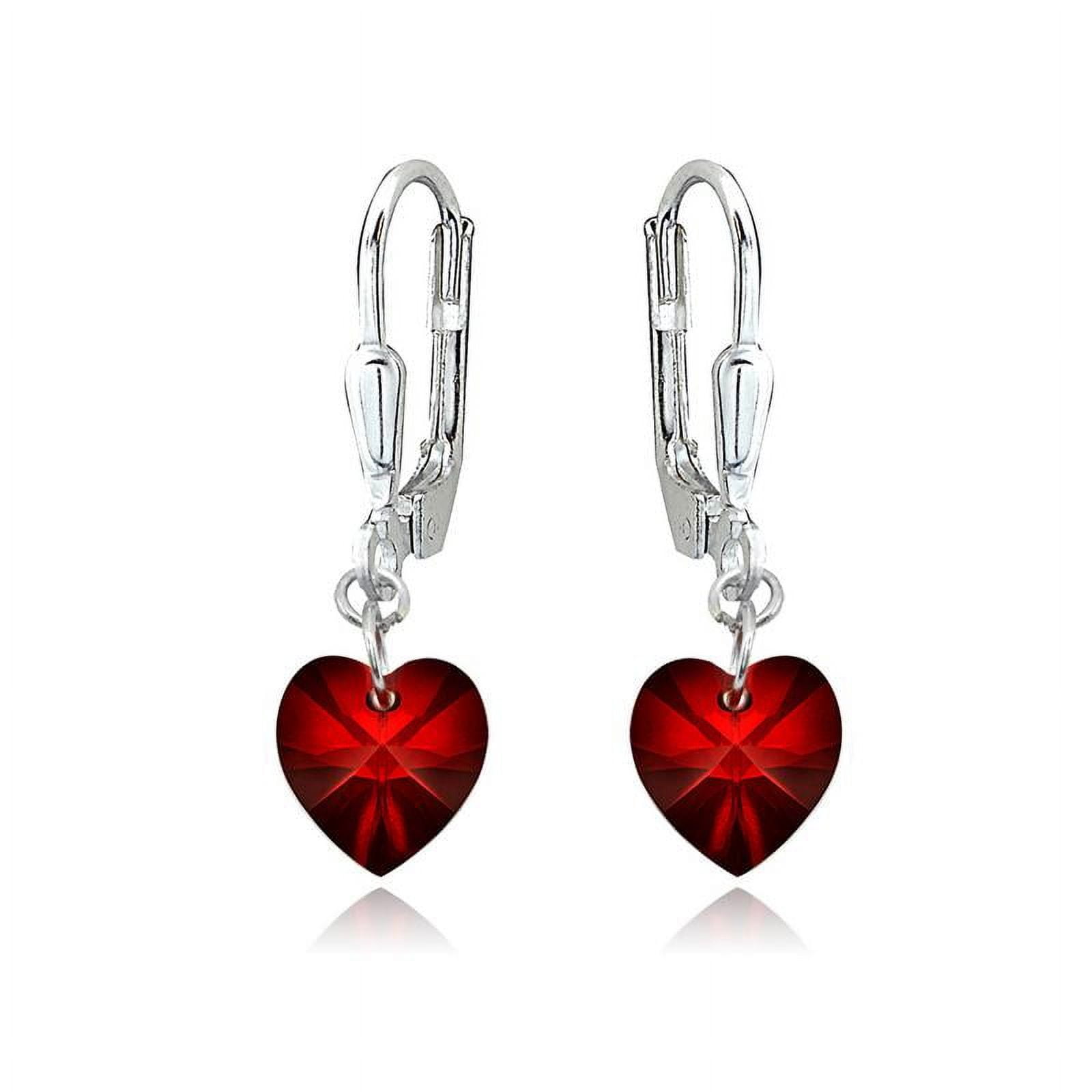 Sterling Silver Dark Red Dainty Heart Dangle Leverback Earrings Made with Swarovski Crystals