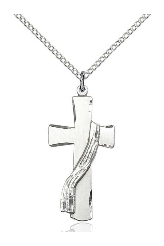 Sterling Silver Deacon Cross Pendant 1 1/8 x 1/2 inches with 18 inch Sterling Silver Curb Chain