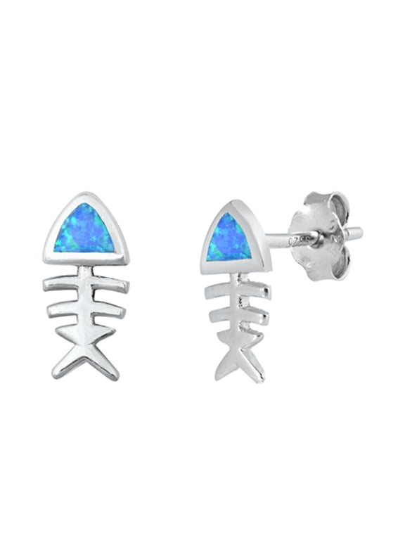 Sterling Silver Dead Fish Skeleton Bones Animal Earrings Blue Simulated Opal 925 Jewelry Female