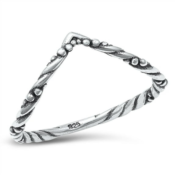 Sterling Silver Decorated V Shape Ring Size 4