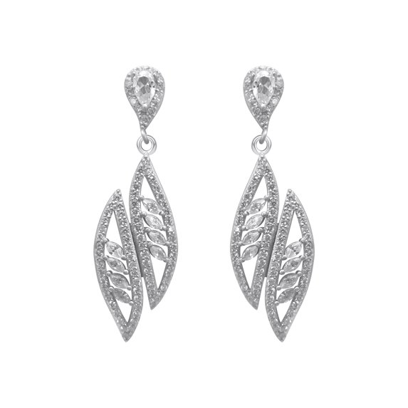 Sterling Silver Decorative CZ Drop Down Feather Earrings