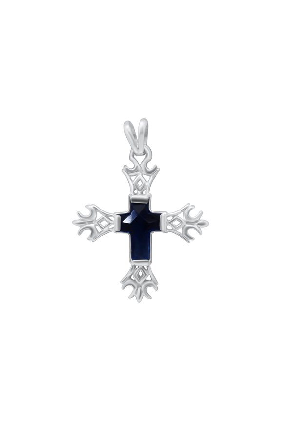 Sterling Silver Decorative Cross Pendant with Blue Stone Cross Center