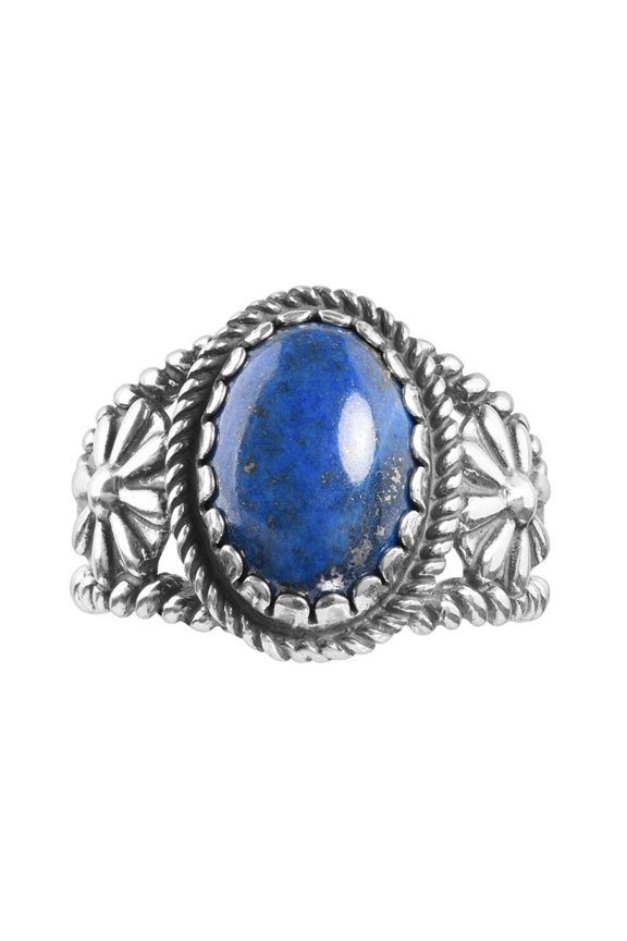Sterling Silver Denim Lapis Concha Flower Ring, Sizes 5 to 10