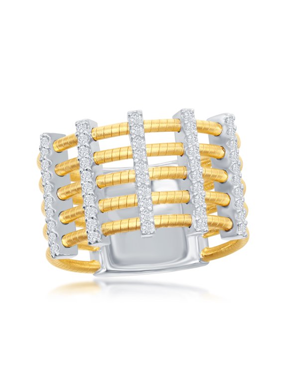 Sterling Silver Designer Italian 14K Gold w/Vertical CZ Bar Matte Wide Ring