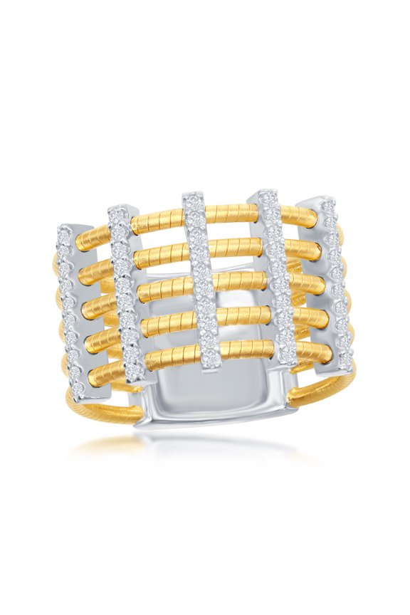 Sterling Silver Designer Italian 14K Gold w/Vertical CZ Bar Matte Wide Ring