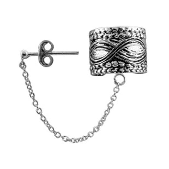 Sterling Silver Detailed Coin Edge Rolling Waves Middle Ear Cuff Band Chain To Post
